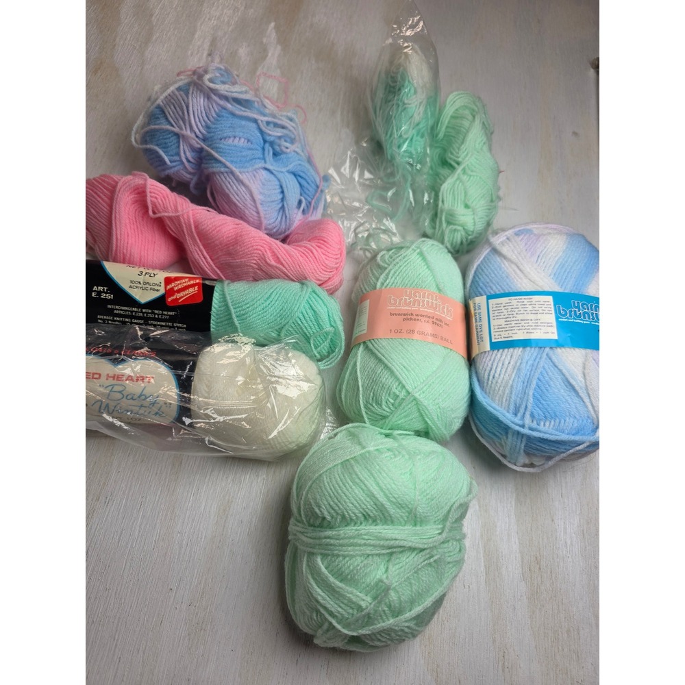 Vintage Brunswick Red Heart Baby Wintuk Yarn Lot Pastel Blue Green Pink Boho 8pc